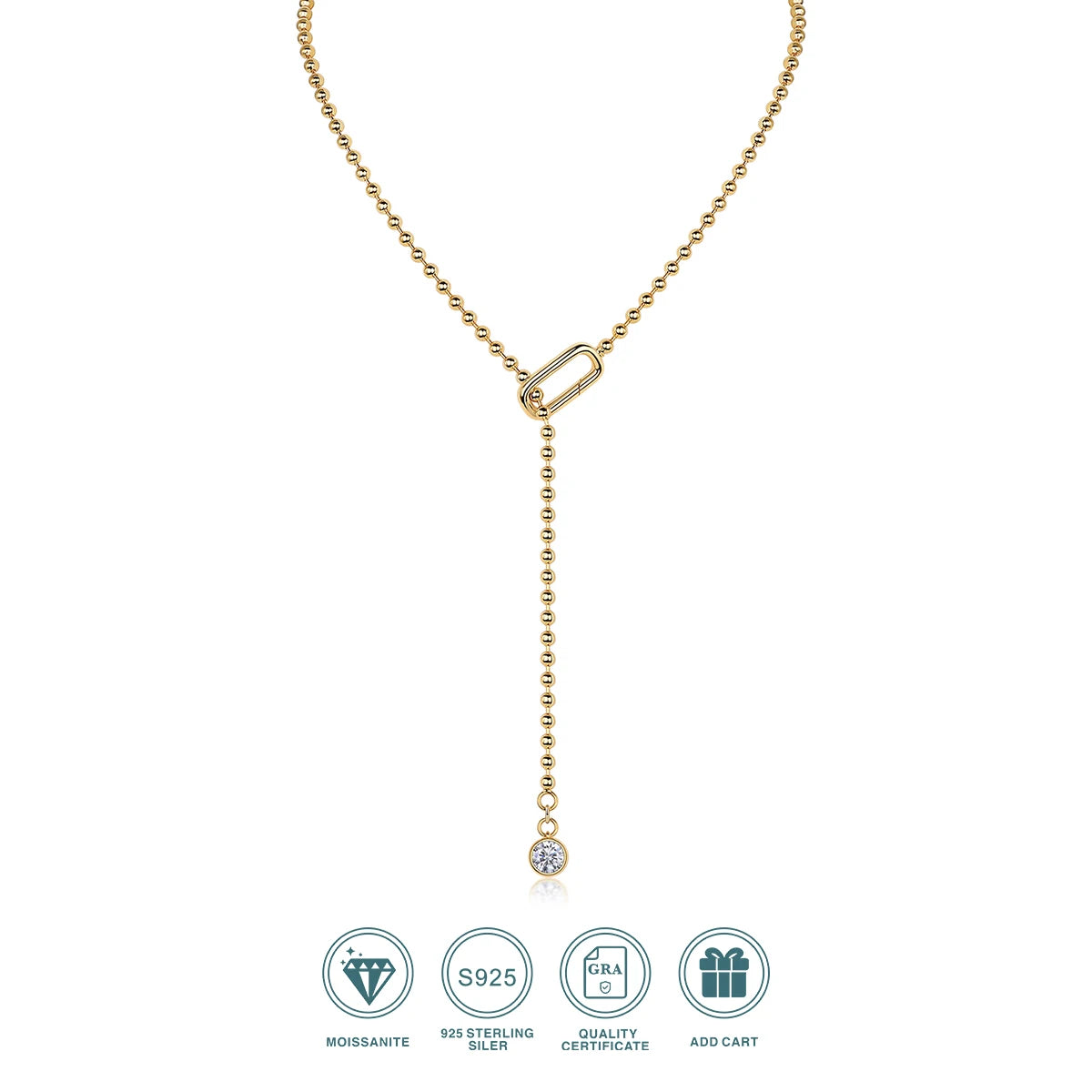 JIUZUAN Moissanite Y-Shape Necklace, S925 Silver, 18K Gold Plated, Elegant Jewelry for Women, Perfect Xmas Gift